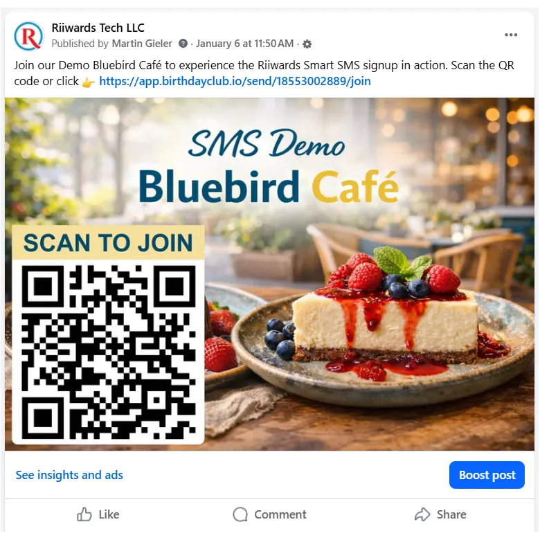 Demo posting on Facebook to sign up for a Birthday Club