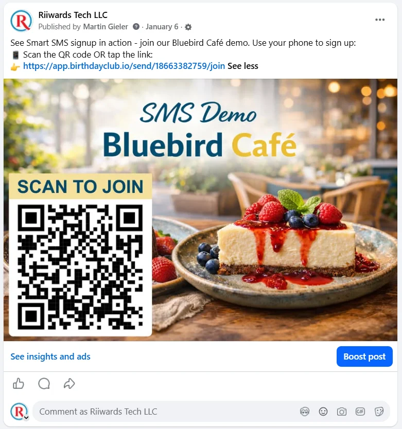 Demo posting on Facebook to sign up for a Birthday Club